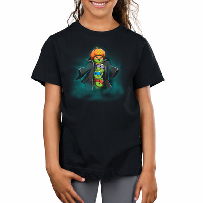 Premium Cotton T-shirt_TeeTurtle black TMNT Stack-o'-Lantern apparel featuring Michelangelo, Donatello, Leonardo, and Raphael in a stack wearing a trench coat with Michelangelo holding a pumpkin as their costume’s head, and with a spooky foggy background.
