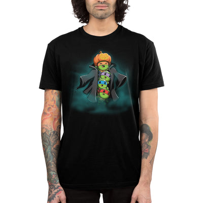 Premium Cotton T-shirt_TeeTurtle black TMNT Stack-o'-Lantern apparel featuring Michelangelo, Donatello, Leonardo, and Raphael in a stack wearing a trench coat with Michelangelo holding a pumpkin as their costume’s head, and with a spooky foggy background.