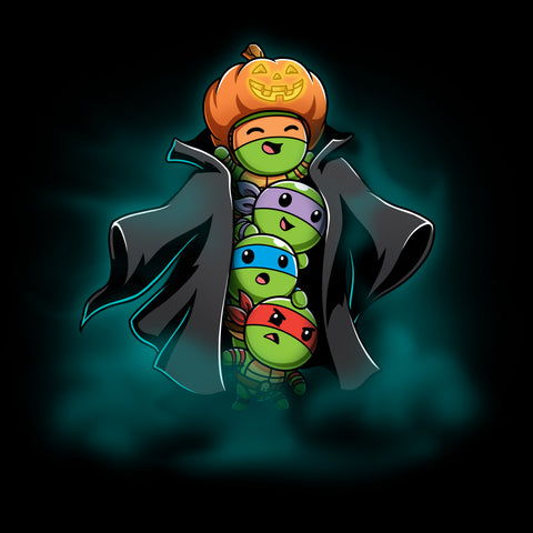 Premium Cotton T-shirt_TeeTurtle black TMNT Stack-o'-Lantern apparel featuring Michelangelo, Donatello, Leonardo, and Raphael in a stack wearing a trench coat with Michelangelo holding a pumpkin as their costume’s head, and with a spooky foggy background.