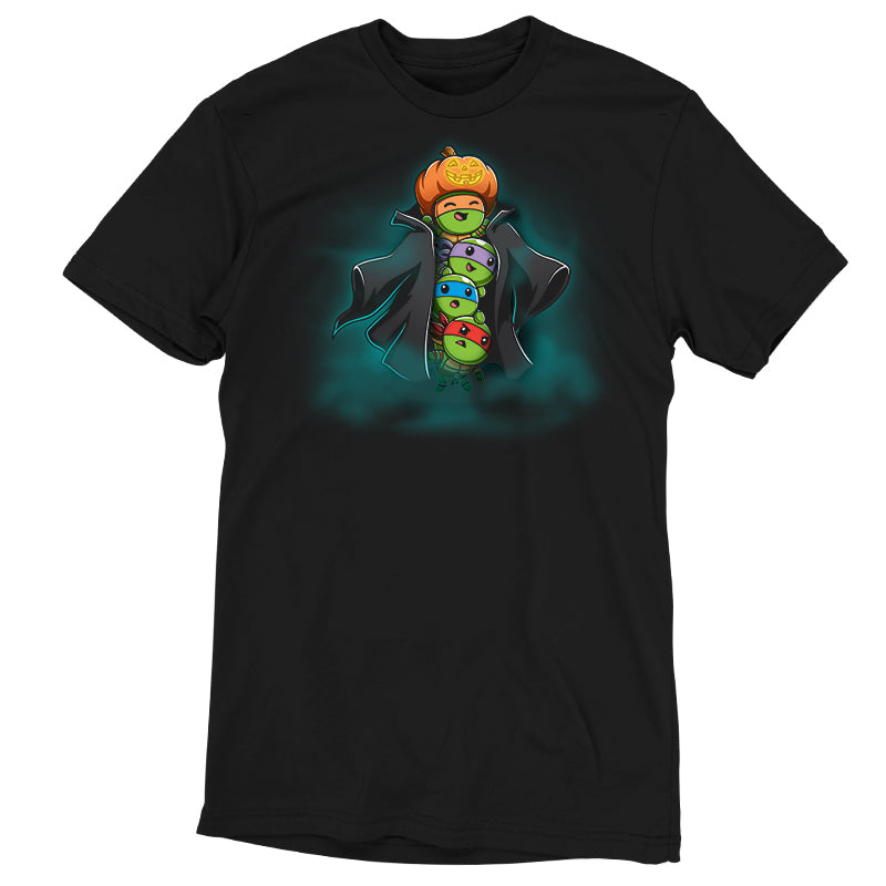 Premium Cotton T-shirt_TeeTurtle black TMNT Stack-o'-Lantern apparel featuring Michelangelo, Donatello, Leonardo, and Raphael in a stack wearing a trench coat with Michelangelo holding a pumpkin as their costume’s head, and with a spooky foggy background.