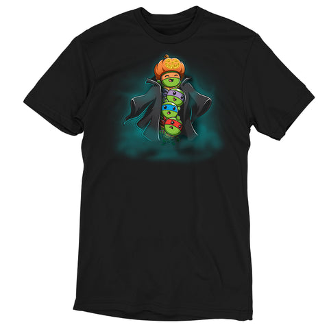Premium Cotton T-shirt_TeeTurtle black TMNT Stack-o'-Lantern apparel featuring Michelangelo, Donatello, Leonardo, and Raphael in a stack wearing a trench coat with Michelangelo holding a pumpkin as their costume’s head, and with a spooky foggy background.