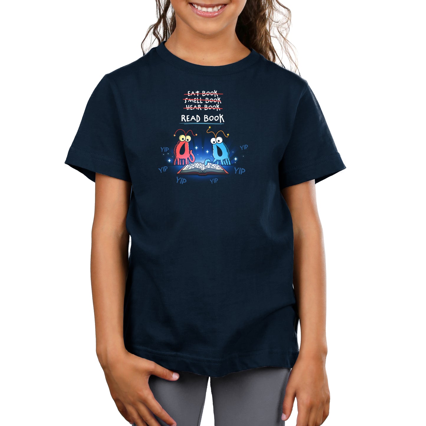 Premium Cotton T-shirt_TeeTurtle navy The Martians Read Book Premium Cotton T-shirt featuring the red and blue yip yip martians from Sesame Street in a classic moment where they are trying to figure out what to do with a book that is open in front of them. Text above them reads "Eat Book," "Smell Book," and "Hear Book" with all of them crossed out and "Read Book" underneath. They are surrounded by the word "yip." 