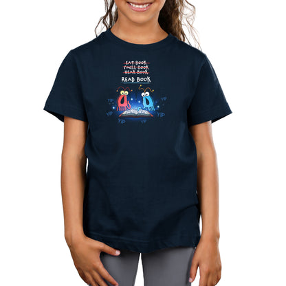 Premium Cotton T-shirt_TeeTurtle navy The Martians Read Book Premium Cotton T-shirt featuring the red and blue yip yip martians from Sesame Street in a classic moment where they are trying to figure out what to do with a book that is open in front of them. Text above them reads "Eat Book," "Smell Book," and "Hear Book" with all of them crossed out and "Read Book" underneath. They are surrounded by the word "yip." 