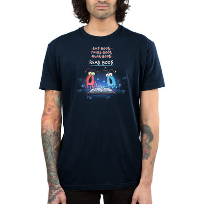Premium Cotton T-shirt_TeeTurtle navy The Martians Read Book Premium Cotton T-shirt featuring the red and blue yip yip martians from Sesame Street in a classic moment where they are trying to figure out what to do with a book that is open in front of them. Text above them reads "Eat Book," "Smell Book," and "Hear Book" with all of them crossed out and "Read Book" underneath. They are surrounded by the word "yip." 