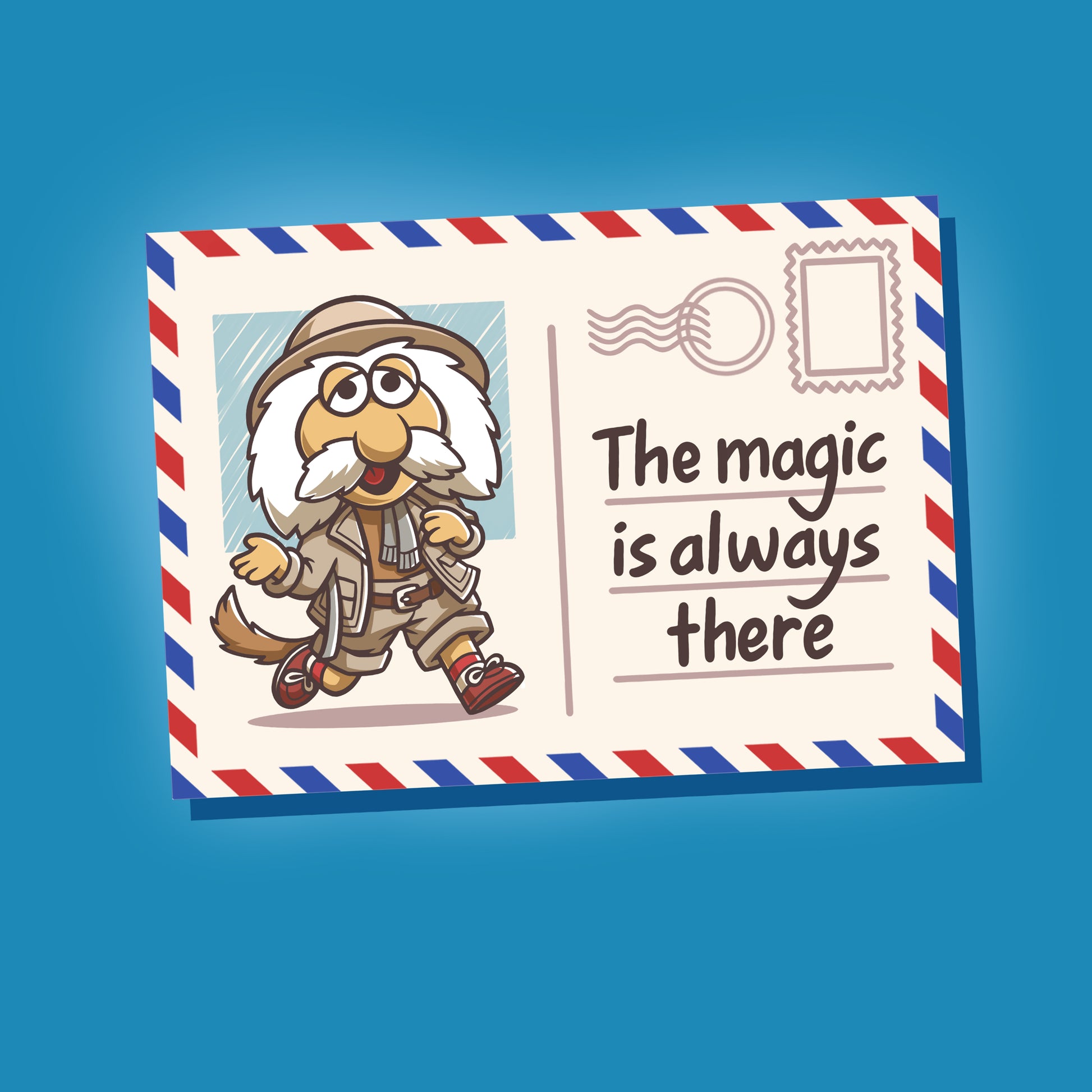 Premium Cotton T-shirt_TeeTurtle cobalt blue The Magic Is Always There apparel featuring Uncle Traveling Matt on a mail postcard with the caption on the underneath the stamp, “The Magic Is Always There“.