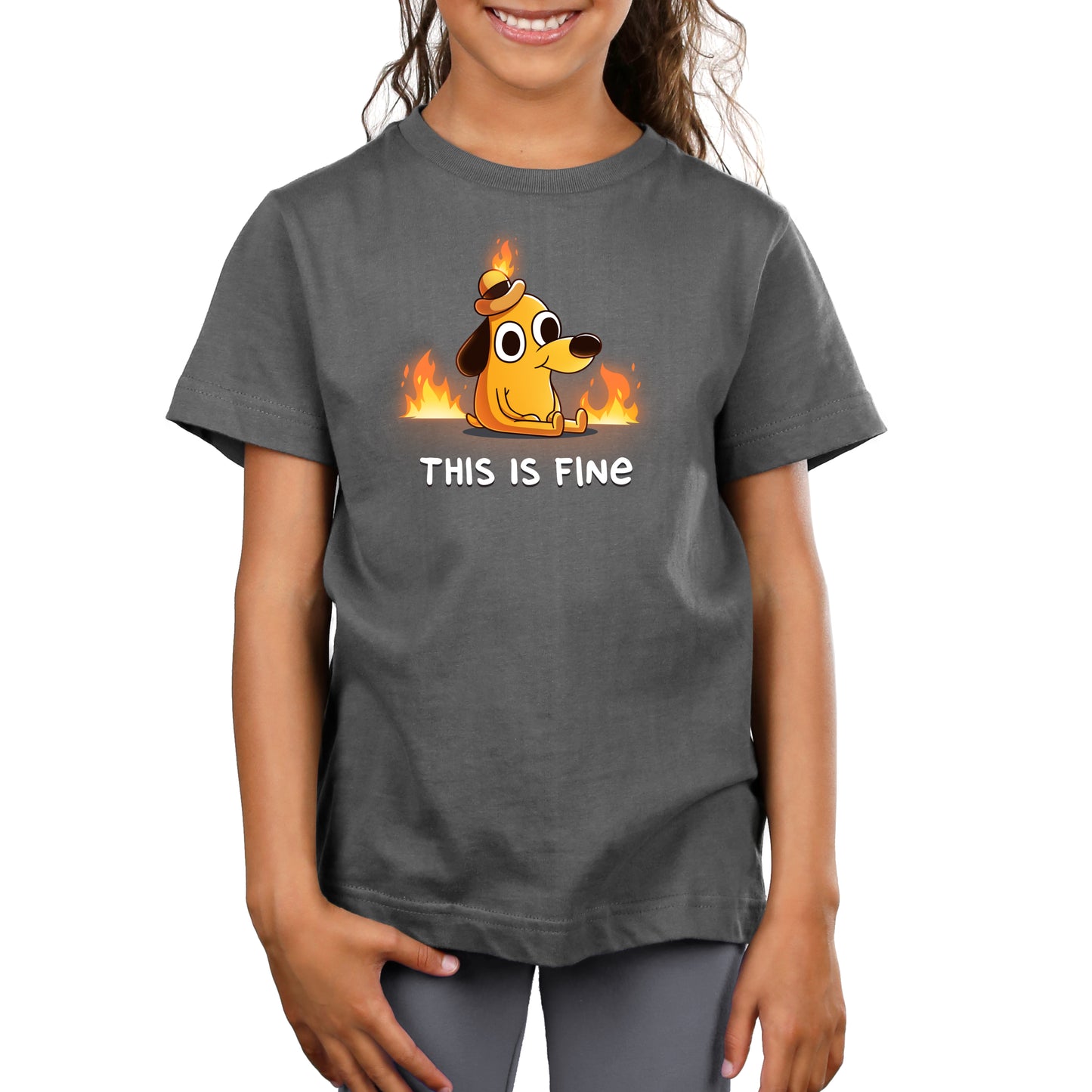 Premium Cotton T-shirt_TeeTurtle charcoal gray This Is Fine (Question Hound) Premium Cotton T-shirt featuring the iconic orange dog with a little hat and a forced smile from KC Green's comics, surrounded by fire, with the words "This Is Fine" below it. 