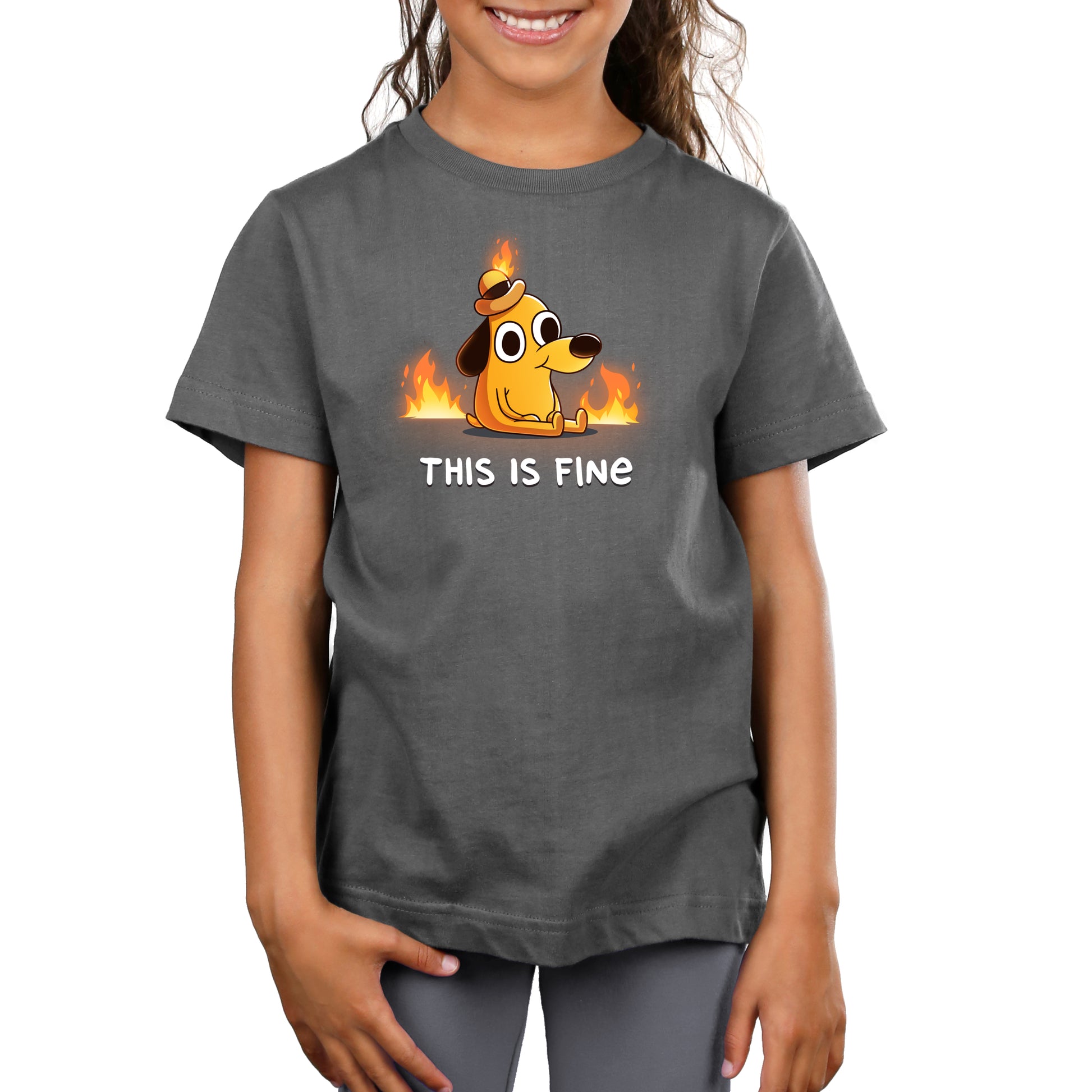 Premium Cotton T-shirt_TeeTurtle charcoal gray This Is Fine (Question Hound) Premium Cotton T-shirt featuring the iconic orange dog with a little hat and a forced smile from KC Green's comics, surrounded by fire, with the words "This Is Fine" below it. 