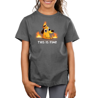 Premium Cotton T-shirt_TeeTurtle charcoal gray This Is Fine (Question Hound) Premium Cotton T-shirt featuring the iconic orange dog with a little hat and a forced smile from KC Green's comics, surrounded by fire, with the words "This Is Fine" below it. 