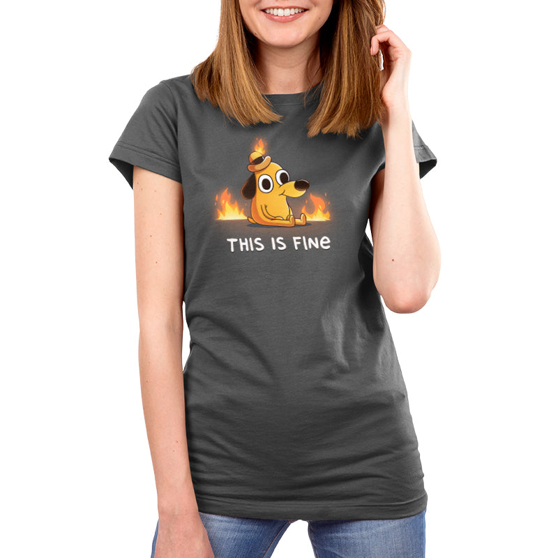 Premium Cotton T-shirt_TeeTurtle charcoal gray This Is Fine (Question Hound) Premium Cotton T-shirt featuring the iconic orange dog with a little hat and a forced smile from KC Green's comics, surrounded by fire, with the words "This Is Fine" below it. 