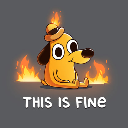 Premium Cotton T-shirt_TeeTurtle charcoal gray This Is Fine (Question Hound) Premium Cotton T-shirt featuring the iconic orange dog with a little hat and a forced smile from KC Green's comics, surrounded by fire, with the words "This Is Fine" below it. 
