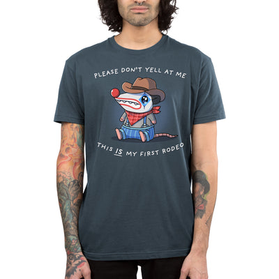 Premium Cotton T-shirt_TeeTurtle denim blue This Is My First Rodeo apparel featuring a sad opossum wearing a rodeo clown costume with the caption, “Please Don’t Yell At Me, This IS My First Rodeo“.