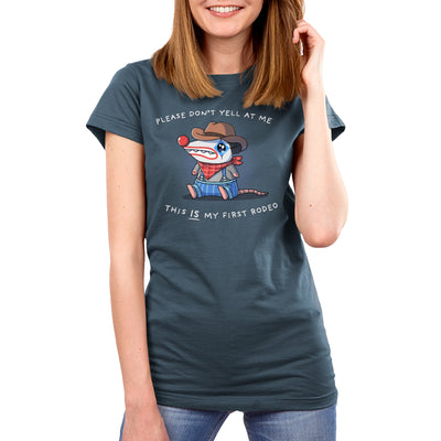 Premium Cotton T-shirt_TeeTurtle denim blue This Is My First Rodeo apparel featuring a sad opossum wearing a rodeo clown costume with the caption, “Please Don’t Yell At Me, This IS My First Rodeo“.