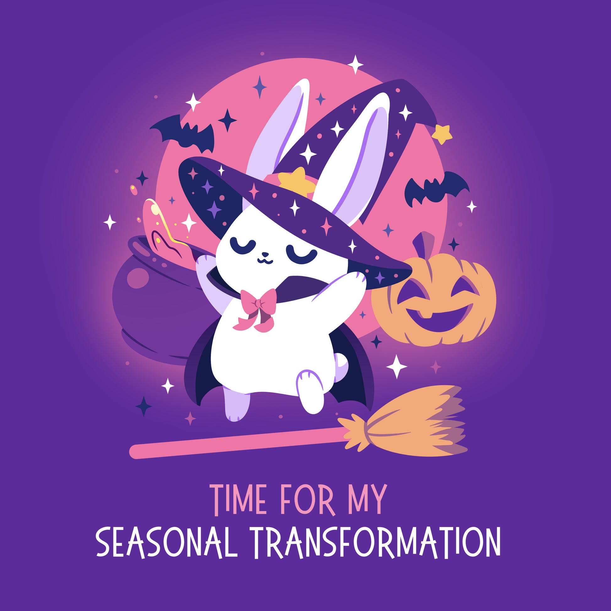 Premium Cotton T-shirt_TeeTurtle purple Time For My Seasonal Transformation apparel featuring a white bunny wearing a sparkling purple witch hat and cloak on top of a flying broom with a cauldron, bats, jack-o'-lantern, and the full red moon in the background.