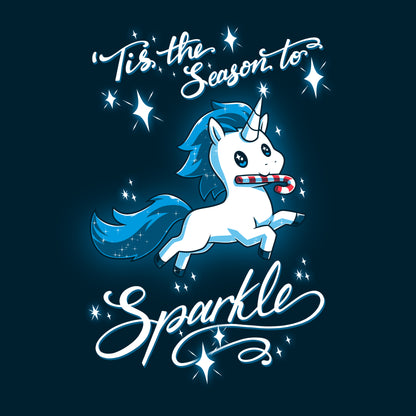 Premium Cotton T-shirt_TeeTurtle navy blue 'Tis The Season To Sparkle apparel featuring a leaping unicorn with a candy cane in its mouth surrounded by sparkles, with the caption, “'Tis The Season To Sparkle“.