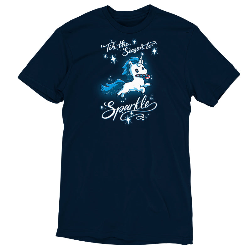 Premium Cotton T-shirt_TeeTurtle navy blue 'Tis The Season To Sparkle apparel featuring a leaping unicorn with a candy cane in its mouth surrounded by sparkles, with the caption, “'Tis The Season To Sparkle“.