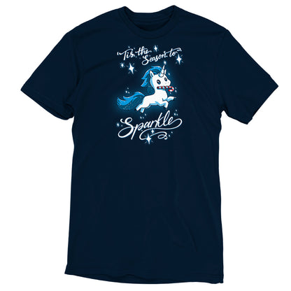 Premium Cotton T-shirt_TeeTurtle navy blue 'Tis The Season To Sparkle apparel featuring a leaping unicorn with a candy cane in its mouth surrounded by sparkles, with the caption, “'Tis The Season To Sparkle“.