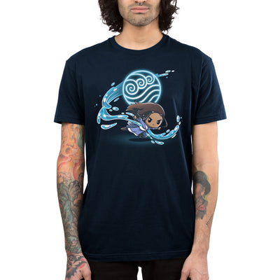 Premium Cotton T-shirt_TeeTurtle navy blue Water Tribe apparel featuring Katara waterbending with the Water Nation symbol in the background.