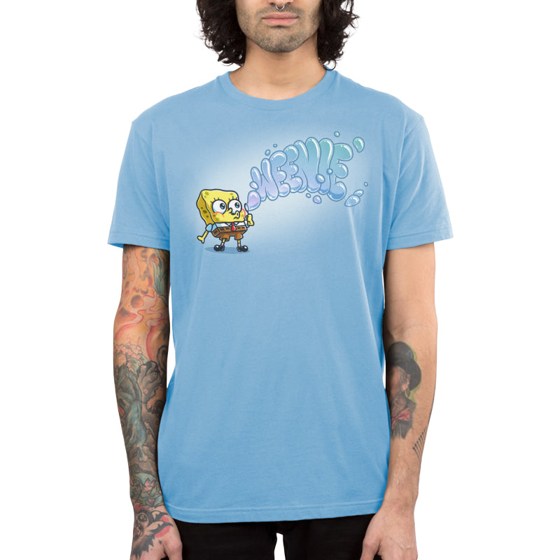 Premium Cotton T-shirt_TeeTurtle light blue Weenie apparel featuring SpongeBob SquarePants blowing bubbles that spell out, “Weenie“.