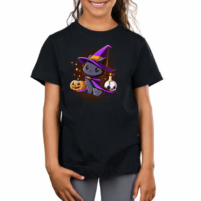 Premium Cotton T-shirt_TeeTurtle black Witch, I’m Purrfect apparel featuring a black cat wearing a purple witch hat and cloak surrounded by sparkles, a jack-o'-lantern, and a skull with a lit candle on top.