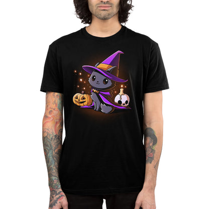 Premium Cotton T-shirt_TeeTurtle black Witch, I’m Purrfect apparel featuring a black cat wearing a purple witch hat and cloak surrounded by sparkles, a jack-o'-lantern, and a skull with a lit candle on top.