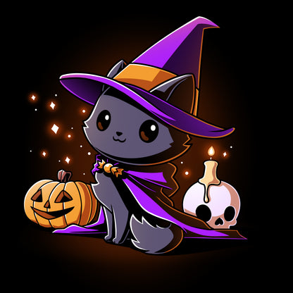 Premium Cotton T-shirt_TeeTurtle black Witch, I’m Purrfect apparel featuring a black cat wearing a purple witch hat and cloak surrounded by sparkles, a jack-o'-lantern, and a skull with a lit candle on top.
