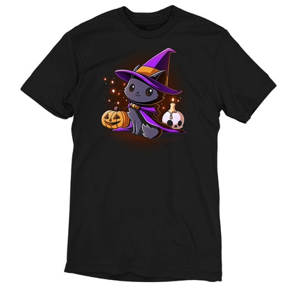 Premium Cotton T-shirt_TeeTurtle black Witch, I’m Purrfect apparel featuring a black cat wearing a purple witch hat and cloak surrounded by sparkles, a jack-o'-lantern, and a skull with a lit candle on top.
