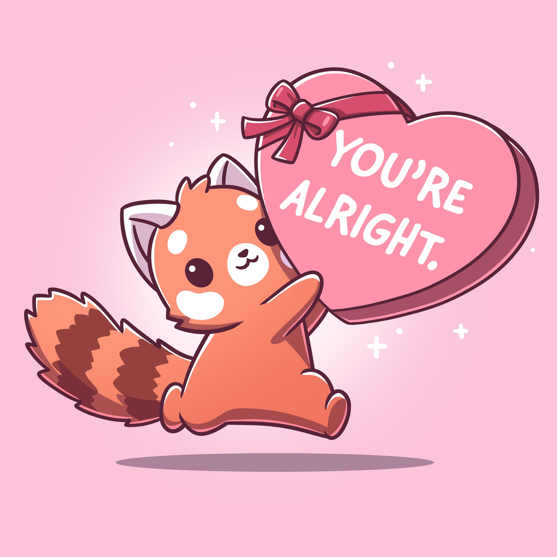 Premium Cotton T-shirt_TeeTurtle light pink You're Alright. apparel featuring a red panda holding a giant heart-shaped box of chocolates labeled, "You're Alright."