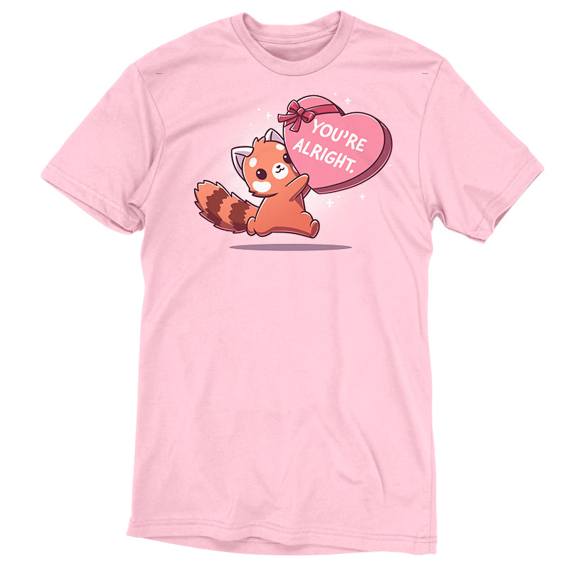 Premium Cotton T-shirt_TeeTurtle light pink You're Alright. apparel featuring a red panda holding a giant heart-shaped box of chocolates labeled, "You're Alright."