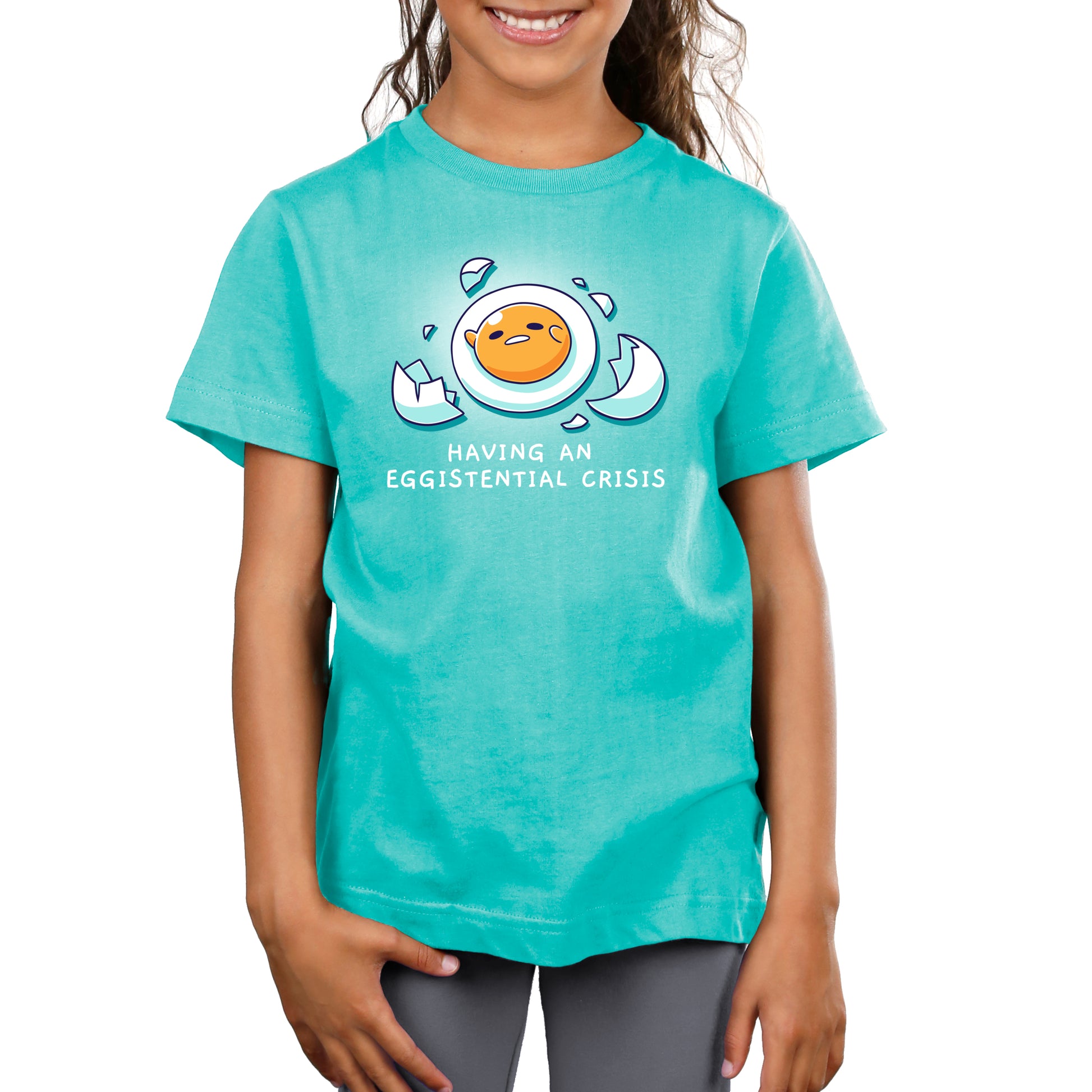 Premium Cotton T-shirt_TeeTurtle Caribbean blue Having An Eggistential Crisis apparel featuring Gudetama in a round yolk form surrounded by pieces of broken eggshells having an existential crisis with the caption, “Having An Eggistential Crisis“.