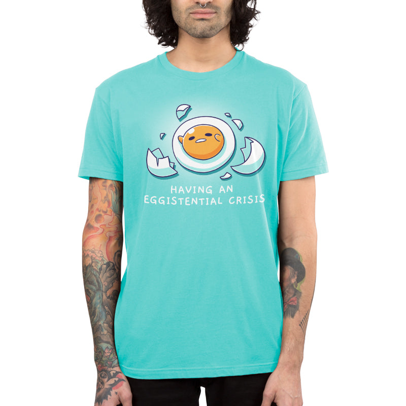 Premium Cotton T-shirt_TeeTurtle Caribbean blue Having An Eggistential Crisis apparel featuring Gudetama in a round yolk form surrounded by pieces of broken eggshells having an existential crisis with the caption, “Having An Eggistential Crisis“.