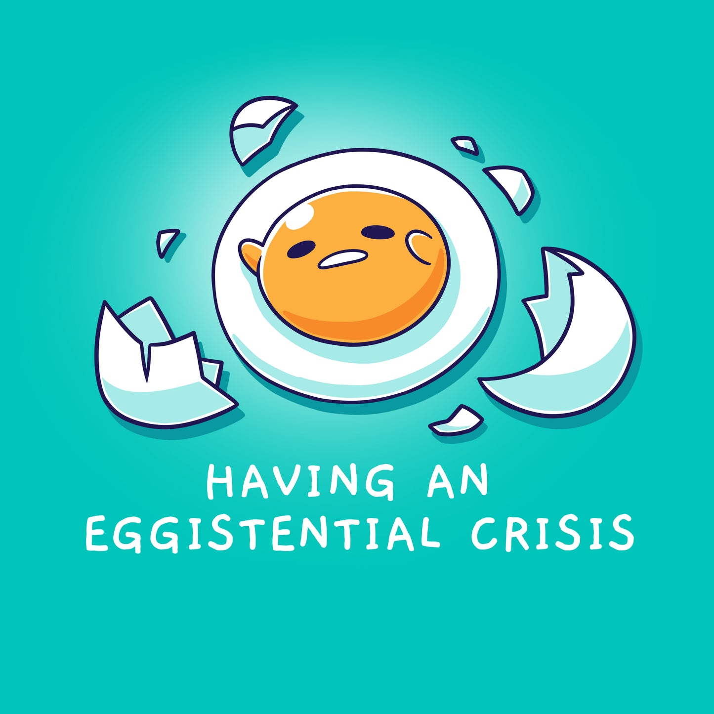 Premium Cotton T-shirt_TeeTurtle Caribbean blue Having An Eggistential Crisis apparel featuring Gudetama in a round yolk form surrounded by pieces of broken eggshells having an existential crisis with the caption, “Having An Eggistential Crisis“.