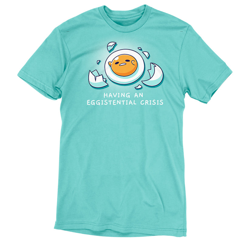 Premium Cotton T-shirt_TeeTurtle Caribbean blue Having An Eggistential Crisis apparel featuring Gudetama in a round yolk form surrounded by pieces of broken eggshells having an existential crisis with the caption, “Having An Eggistential Crisis“.
