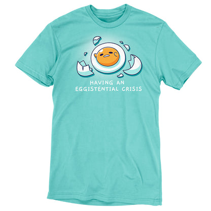 Premium Cotton T-shirt_TeeTurtle Caribbean blue Having An Eggistential Crisis apparel featuring Gudetama in a round yolk form surrounded by pieces of broken eggshells having an existential crisis with the caption, “Having An Eggistential Crisis“.