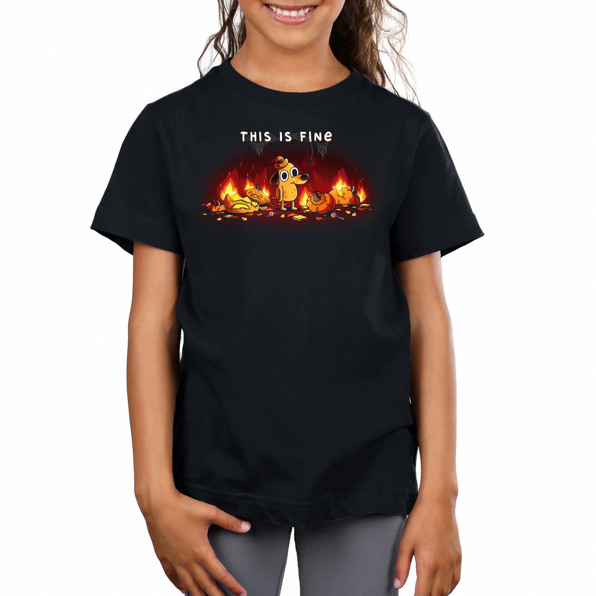 Premium Cotton T-shirt_TeeTurtle black This is Fine (Pumpkins) apparel featuring Question Hound from KC Green surrounded by pumpkins on fire with the caption, “This is Fine“.