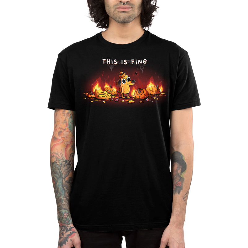 Premium Cotton T-shirt_TeeTurtle black This is Fine (Pumpkins) apparel featuring Question Hound from KC Green surrounded by pumpkins on fire with the caption, “This is Fine“.