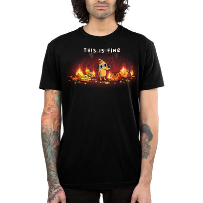 Premium Cotton T-shirt_TeeTurtle black This is Fine (Pumpkins) apparel featuring Question Hound from KC Green surrounded by pumpkins on fire with the caption, “This is Fine“.