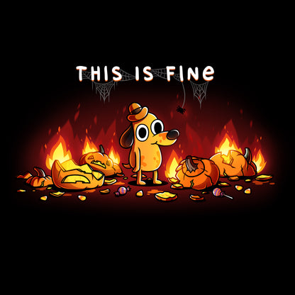 Premium Cotton T-shirt_TeeTurtle black This is Fine (Pumpkins) apparel featuring Question Hound from KC Green surrounded by pumpkins on fire with the caption, “This is Fine“.