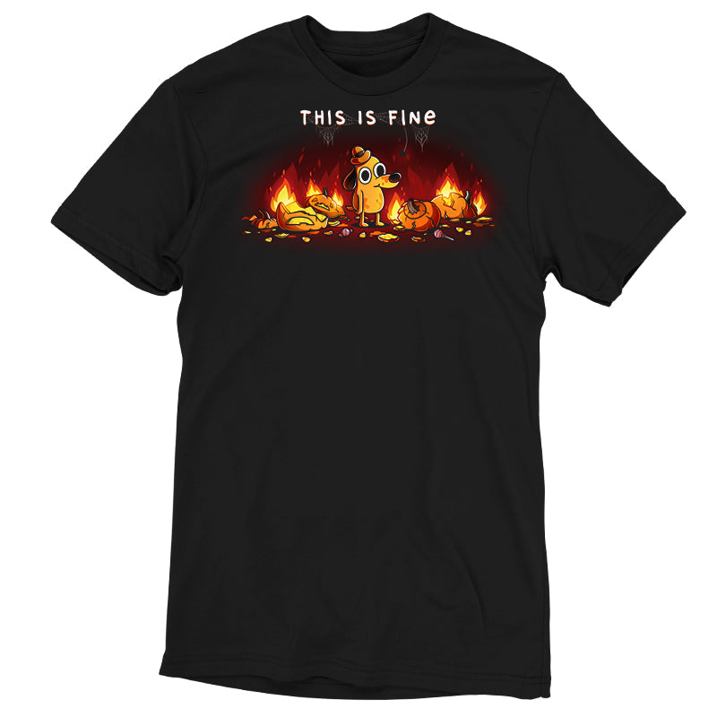 Premium Cotton T-shirt_TeeTurtle black This is Fine (Pumpkins) apparel featuring Question Hound from KC Green surrounded by pumpkins on fire with the caption, “This is Fine“.