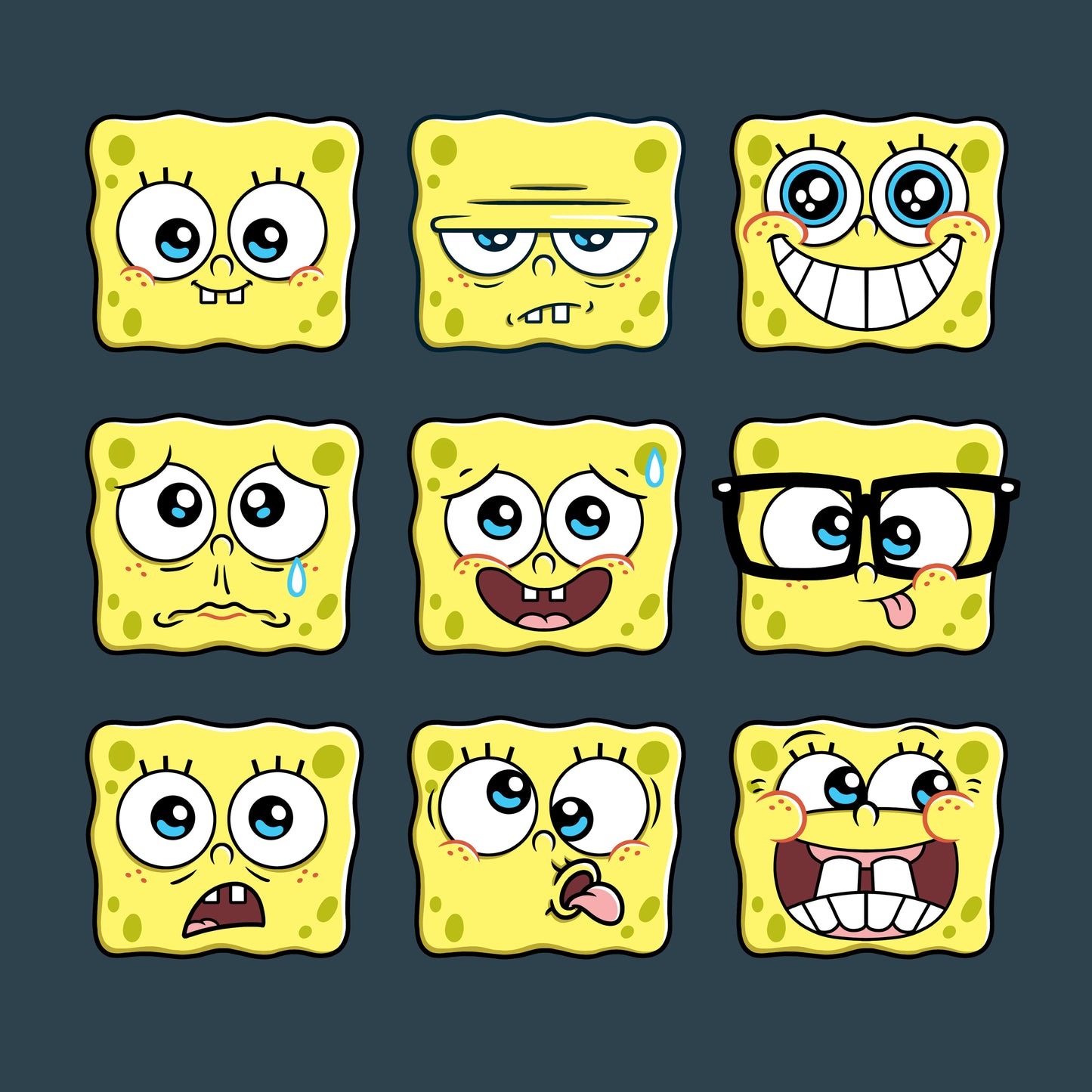Premium Cotton T-shirt_TeeTurtle denim blue SpongeBob Expression Grid Premium Cotton t-shirt featuring a 3 by 3 grid of nine different SpongeBob SquarePants expressions ranging from delighted to silly to worried to grumpy. 

