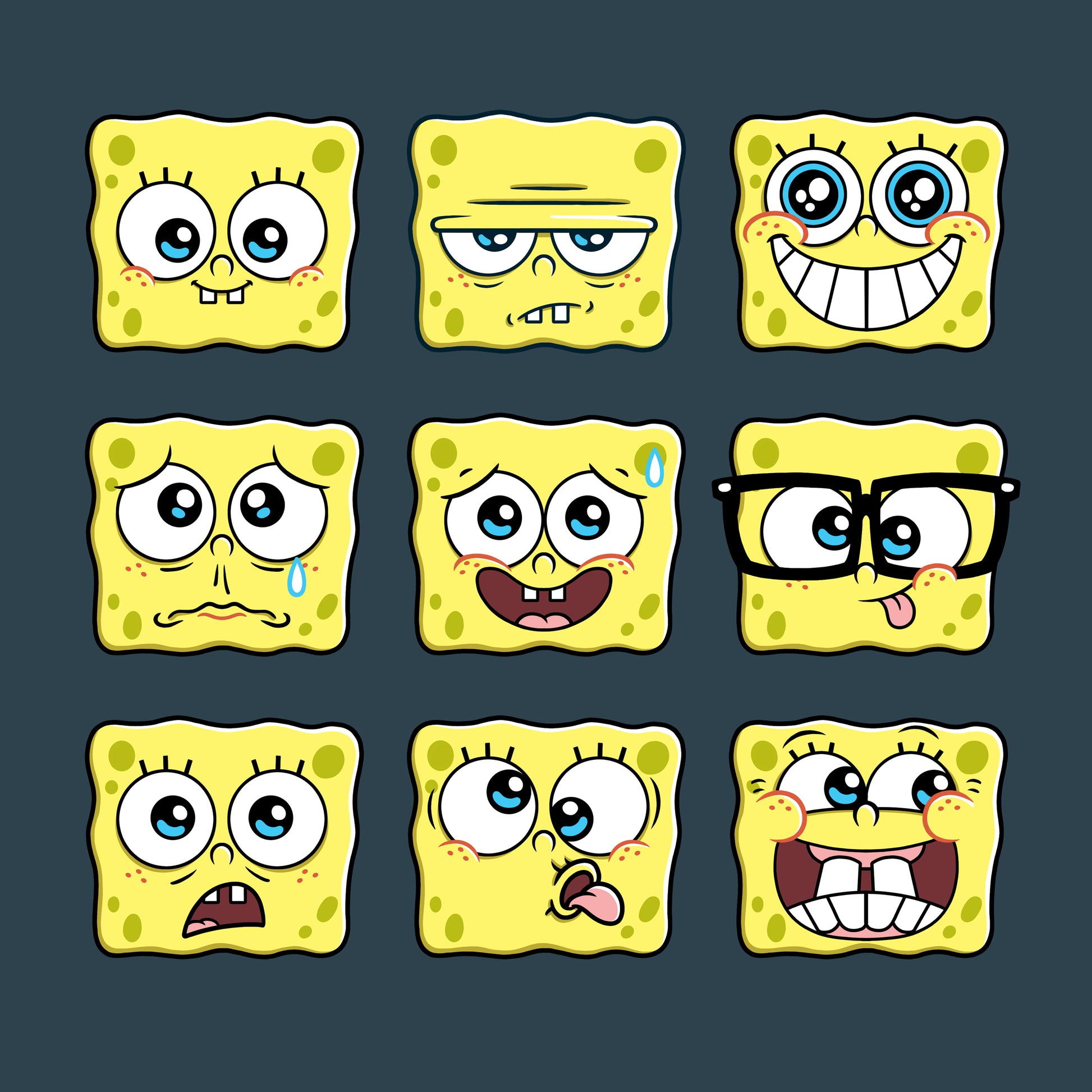 Premium Cotton T-shirt_TeeTurtle denim blue SpongeBob Expression Grid Premium Cotton t-shirt featuring a 3 by 3 grid of nine different SpongeBob SquarePants expressions ranging from delighted to silly to worried to grumpy. 
