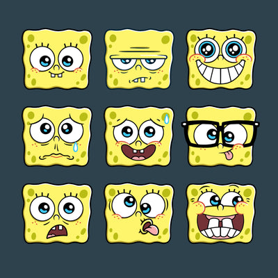 Premium Cotton T-shirt_TeeTurtle denim blue SpongeBob Expression Grid Premium Cotton t-shirt featuring a 3 by 3 grid of nine different SpongeBob SquarePants expressions ranging from delighted to silly to worried to grumpy. 
