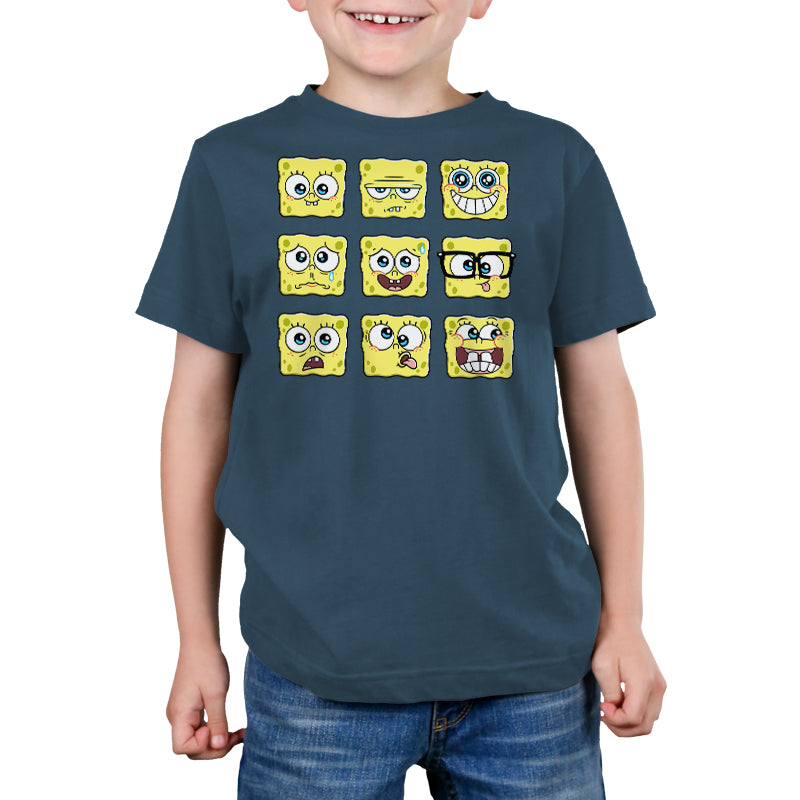 Premium Cotton T-shirt_TeeTurtle denim blue SpongeBob Expression Grid Premium Cotton t-shirt featuring a 3 by 3 grid of nine different SpongeBob SquarePants expressions ranging from delighted to silly to worried to grumpy. 
