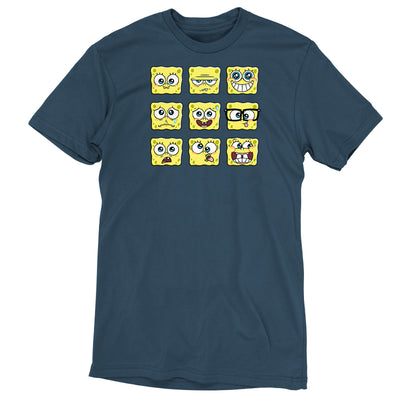 Premium Cotton T-shirt_TeeTurtle denim blue SpongeBob Expression Grid Premium Cotton t-shirt featuring a 3 by 3 grid of nine different SpongeBob SquarePants expressions ranging from delighted to silly to worried to grumpy. 
