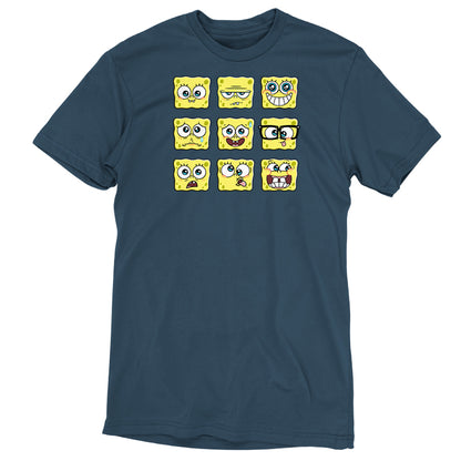 Premium Cotton T-shirt_TeeTurtle denim blue SpongeBob Expression Grid Premium Cotton t-shirt featuring a 3 by 3 grid of nine different SpongeBob SquarePants expressions ranging from delighted to silly to worried to grumpy. 

