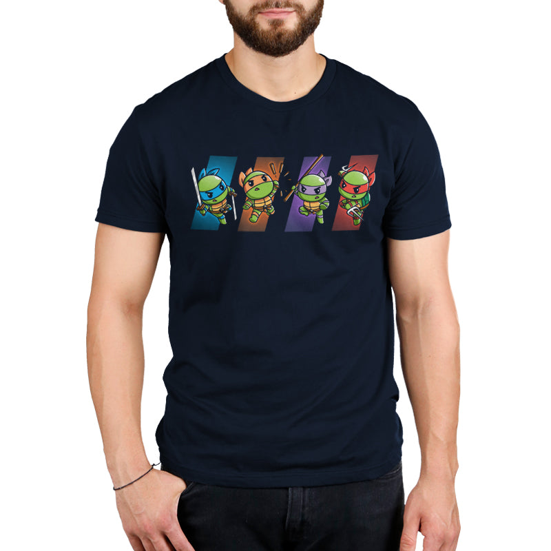 Premium Cotton T-shirt_TeeTurtle navy blue Choose Your Character: Teenage Mutant Ninja Turtles apparel featuring  Raphael, Leonardo, Michaelangelo, and Donatello in dynamic poses on colored backgrounds corresponding to their personal colors.