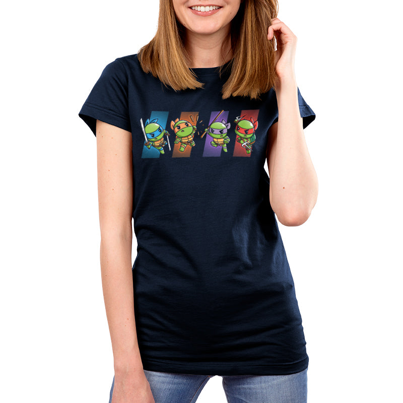 Premium Cotton T-shirt_TeeTurtle navy blue Choose Your Character: Teenage Mutant Ninja Turtles apparel featuring  Raphael, Leonardo, Michaelangelo, and Donatello in dynamic poses on colored backgrounds corresponding to their personal colors.