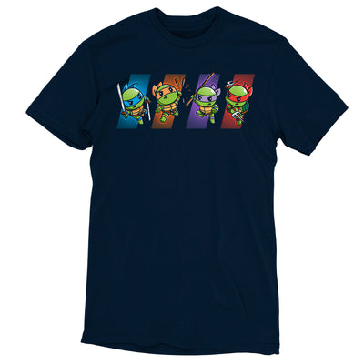 Premium Cotton T-shirt_TeeTurtle navy blue Choose Your Character: Teenage Mutant Ninja Turtles apparel featuring Raphael, Leonardo, Michelangelo, and Donatello in dynamic poses on colored backgrounds corresponding to their personal colors.
