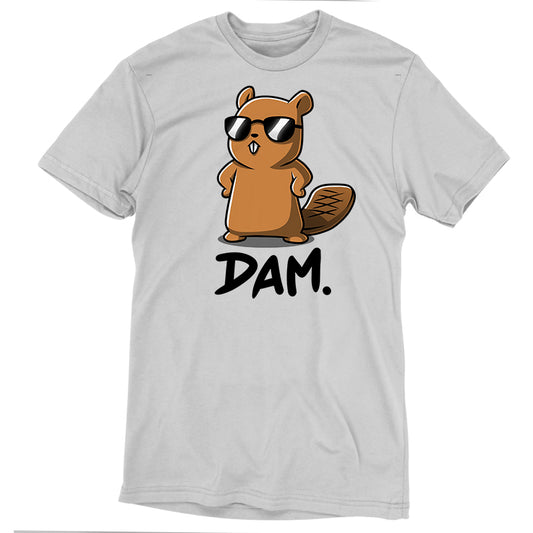 A super soft silver gray t-shirt featuring a cartoon beaver wearing sunglasses and standing with arms akimbo above the word 