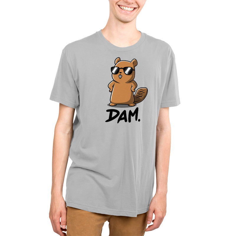 Premium Cotton T-shirt_TeeTurtle Dam. silver gray t-shirt featuring a beaver wearing sunglasses, standing with hands on hips, with the word "Dam." written below.