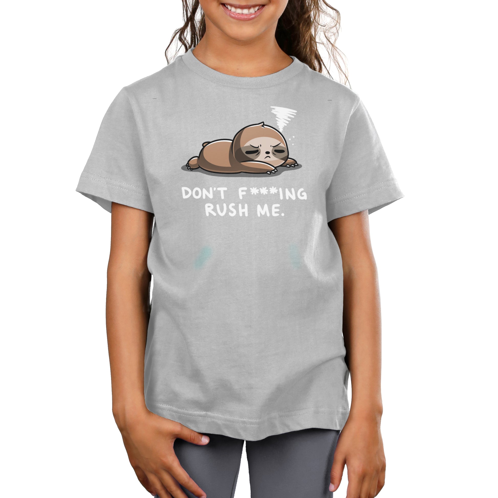 Premium Cotton T-shirt - A young person wearing a gray apparel made of super soft ringspun cotton with an illustration of a sloth and the text "Don't F***ing Rush Me," showcasing the edgy style of monsterdigital.